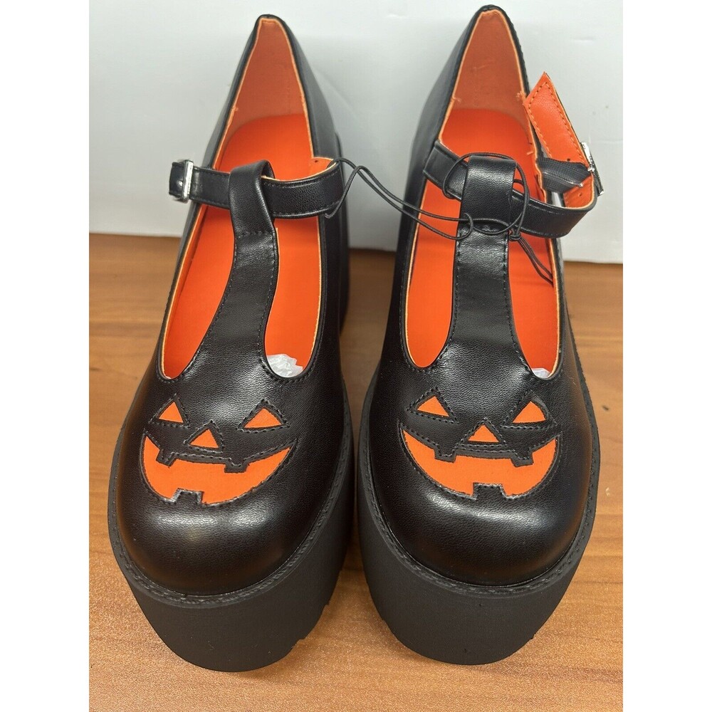 Pumpkin T-Strap Platform Mary Janes Shoes Size 8 Black New - Picture 3 of 12
